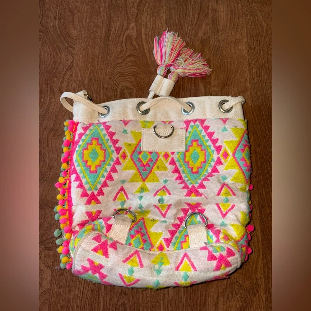 Embroidered Boho Bucket Bag with Pink and Turquoise Accents